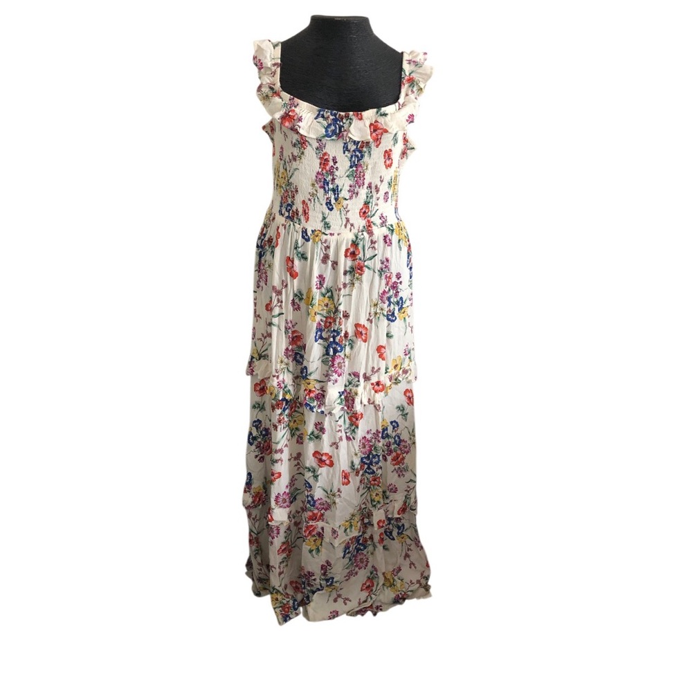Floral Smocked Tiered Ruffle Strap Maxi Dress - White Floral